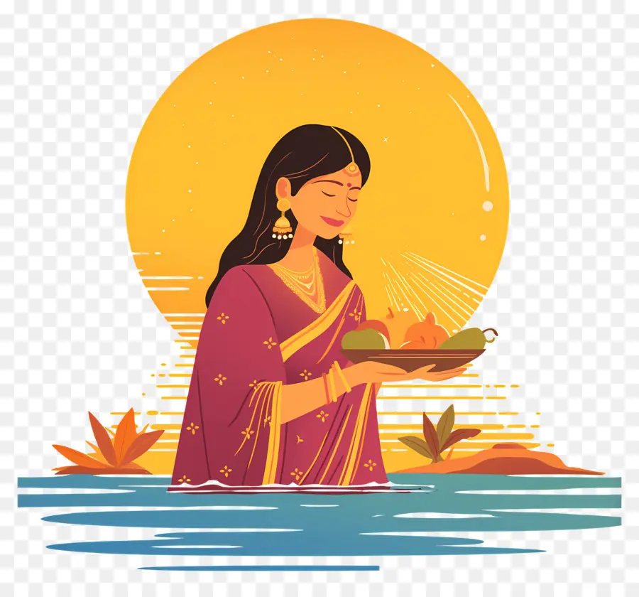 Chhath Puja，Femme Avec Plateau De Fruits PNG