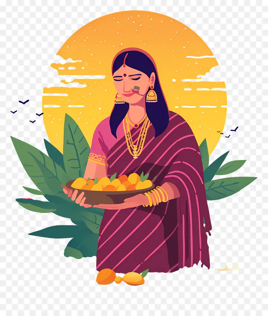 Chhath Puja，Femme Avec Plateau De Fruits PNG