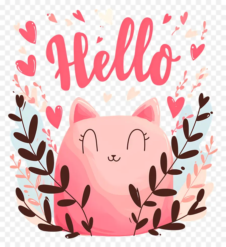 Symbole D'amour，Bonjour Avec Chat Et Feuilles PNG