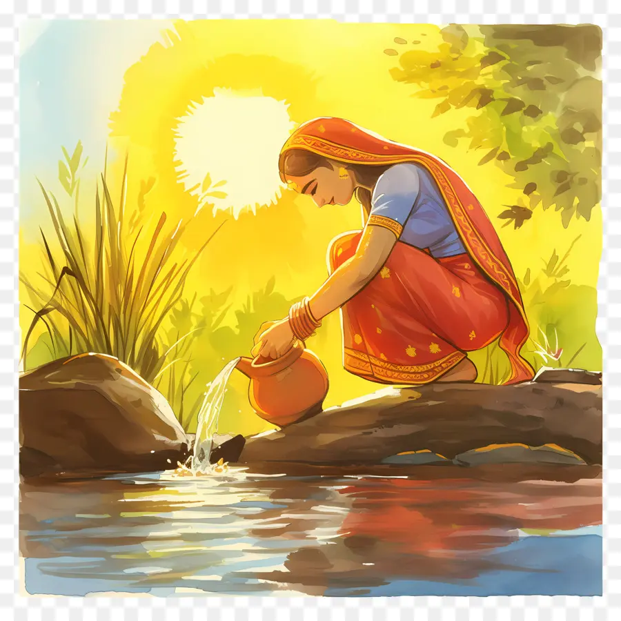 Chhath Puja，Femme Au Bord De L’eau PNG