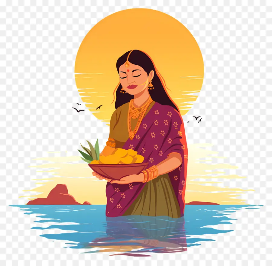 Chhath Puja，Femme Avec Des Offrandes PNG