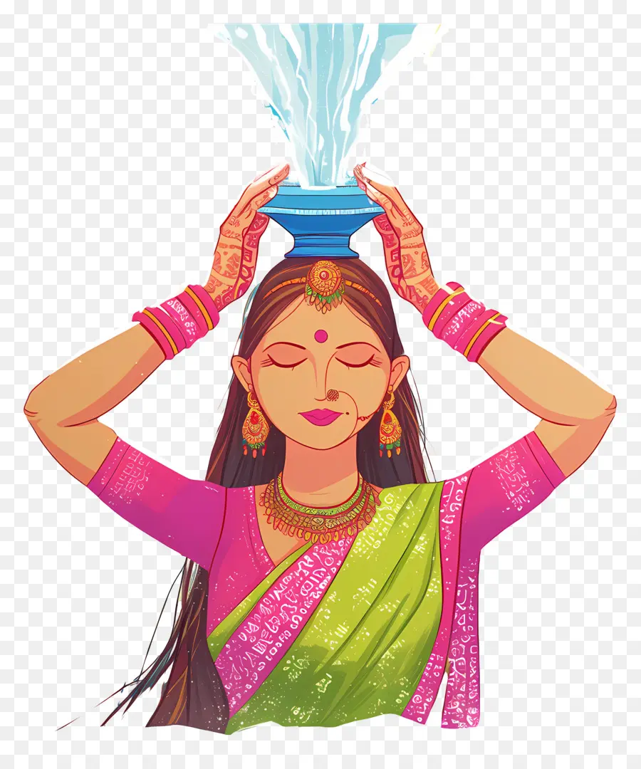 Chhath Puja，Femme Avec Pot D'eau PNG