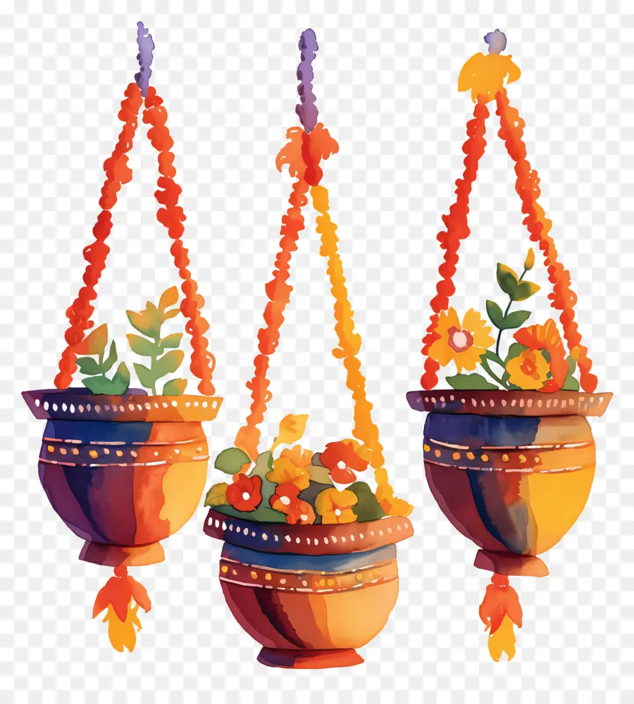 Dahi Handi，Pots Suspendus Colorés Avec Des Fleurs PNG