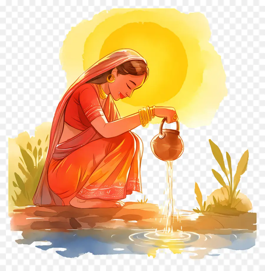 Chhath Puja，Femme Versant De L'eau PNG