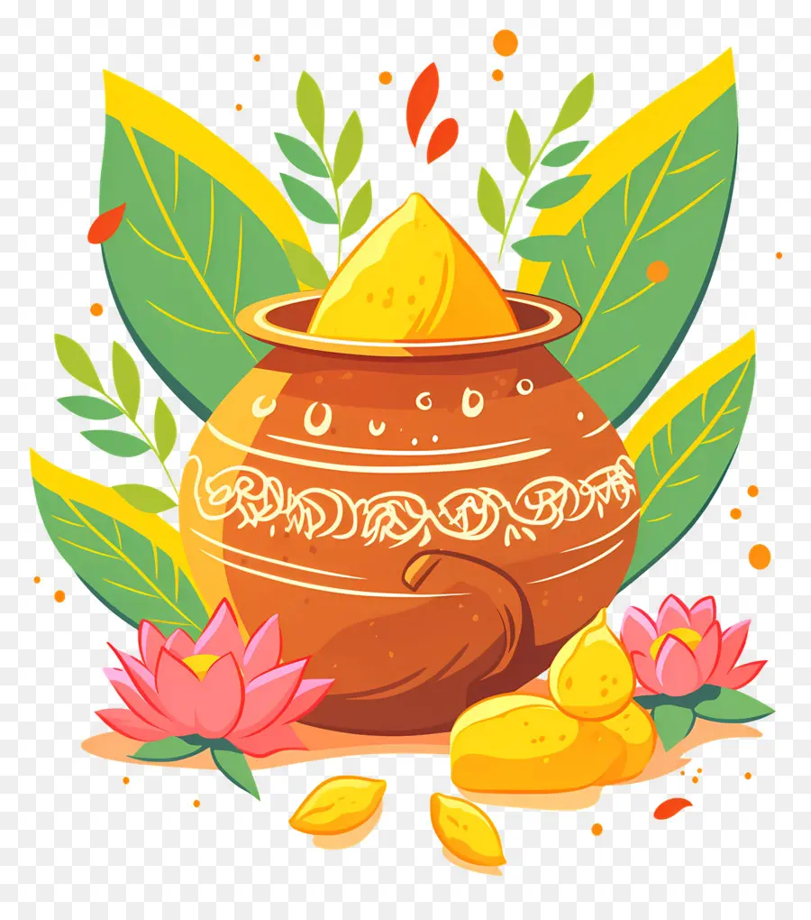 Akshaya Tritiya，Pot Avec Poudre Jaune Et Fleurs PNG