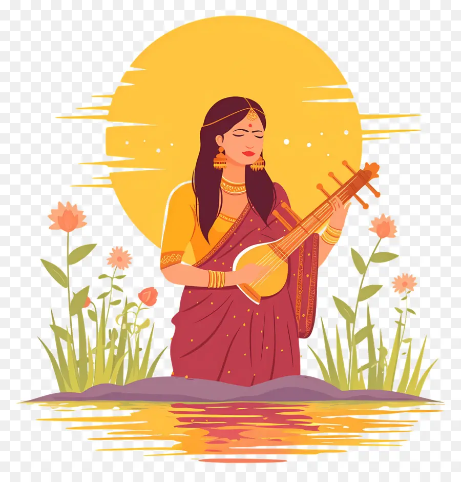 Chhath Puja，Femme Avec Instrument De Musique PNG