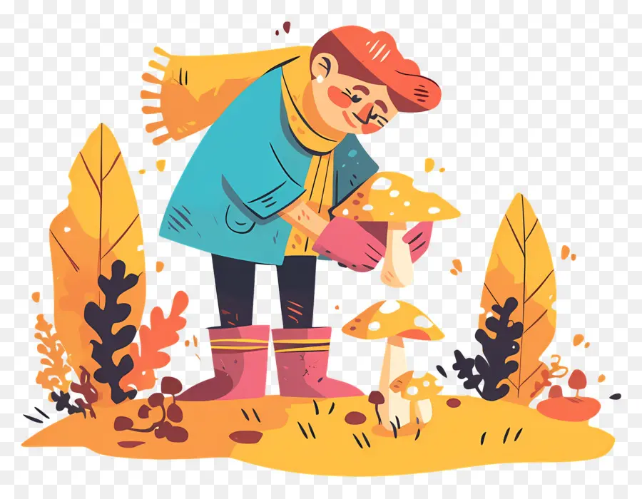 Forêt D'automne，Personne Avec Des Champignons PNG