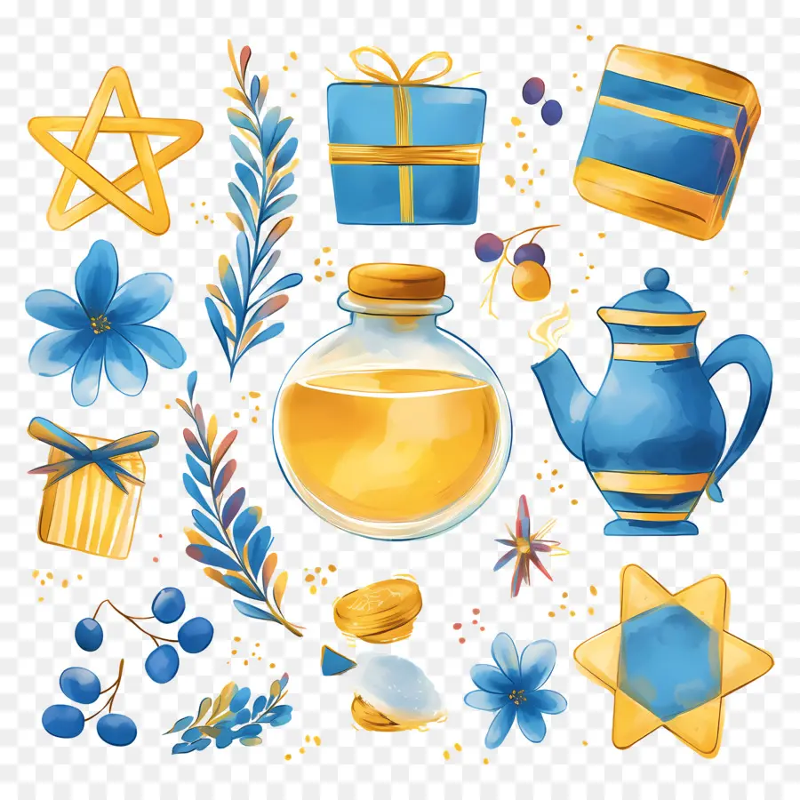 Décoration De Hanoukka，Objets Bleus Et Jaunes PNG