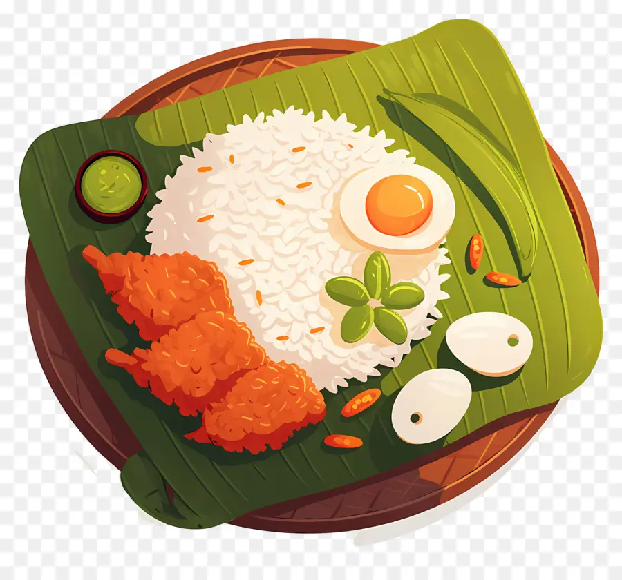 Nasi Lemak，Riz Et Poulet Sur Feuille De Bananier PNG