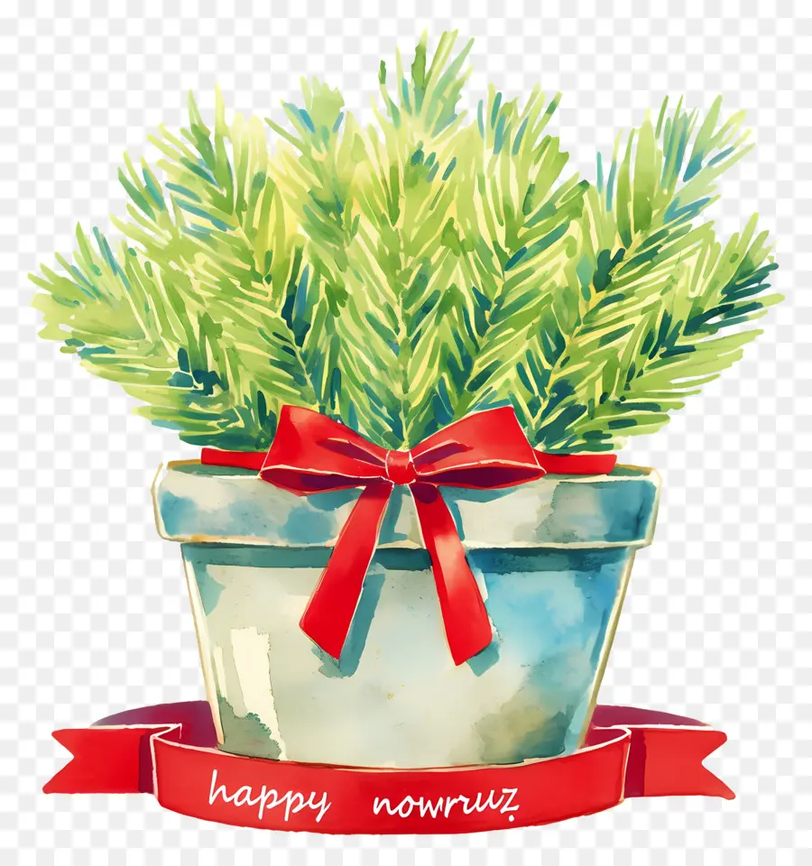 Joyeux Nowruz，Plante Verte Avec Ruban Rouge PNG