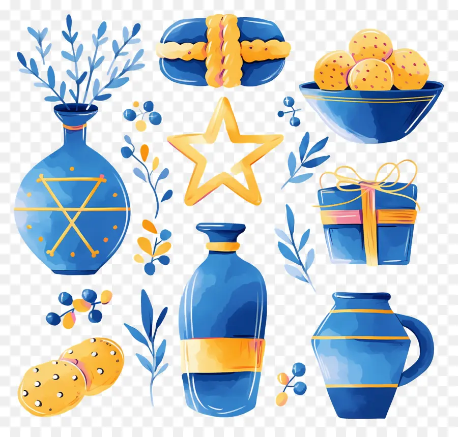 Décoration De Hanoukka，Objets Bleus Et Jaunes PNG