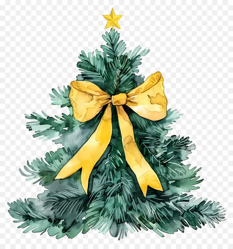 Arbre De Noël Aquarelle，Sapin De Noël Avec Noeud Jaune Et étoile PNG