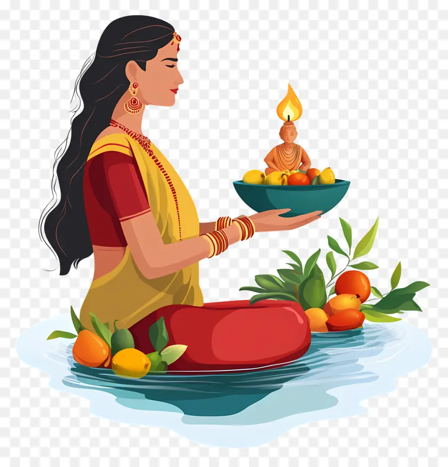 Chhath Puja，Femme Avec Lampe Et Fruits PNG