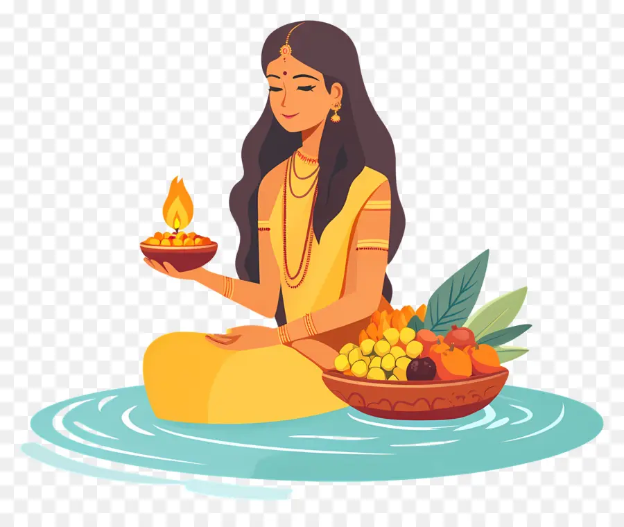 Chhath Puja，Femme Avec Lampe Et Fruits PNG