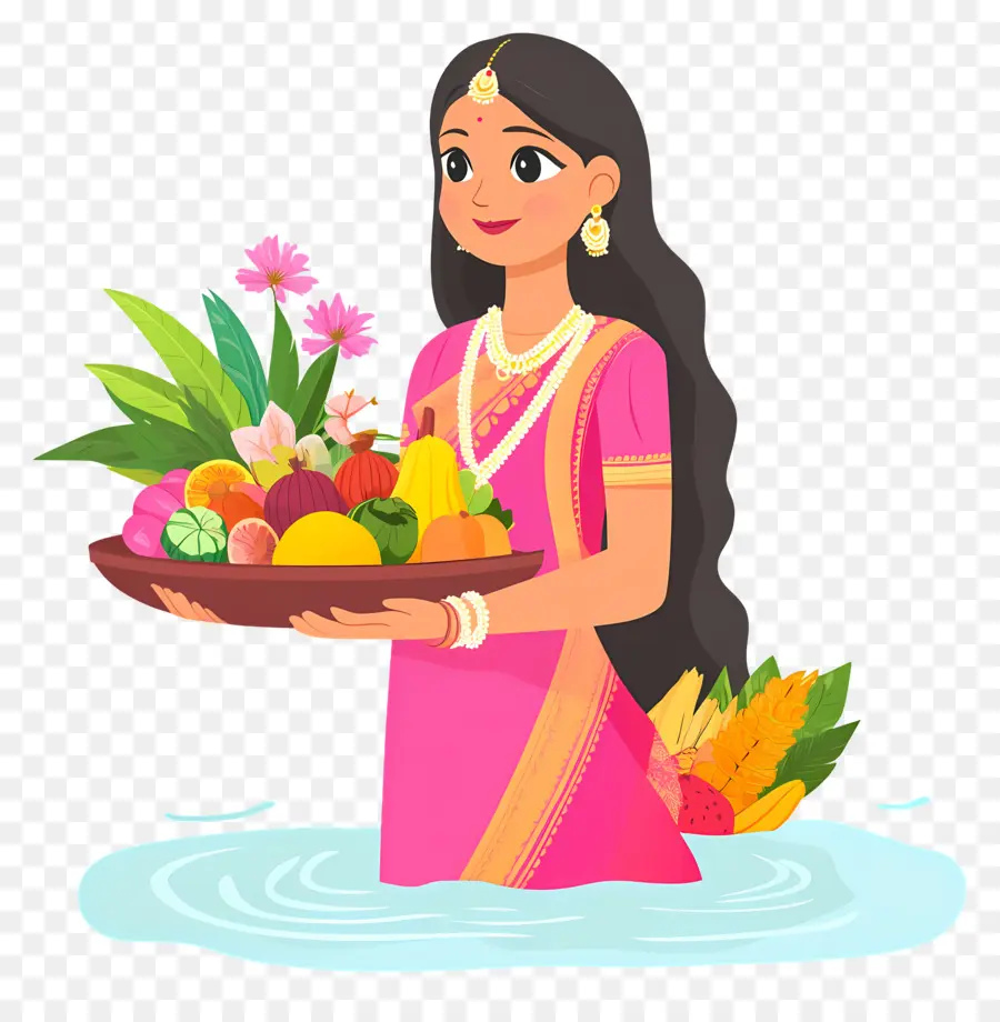 Chhath Puja，Femme En Costume Traditionnel Avec Offrandes PNG