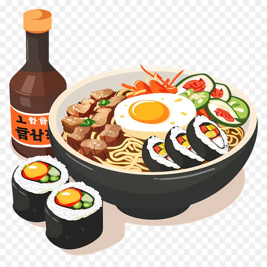 Cuisine Coréenne，Bol De Nouilles Avec Sushi PNG