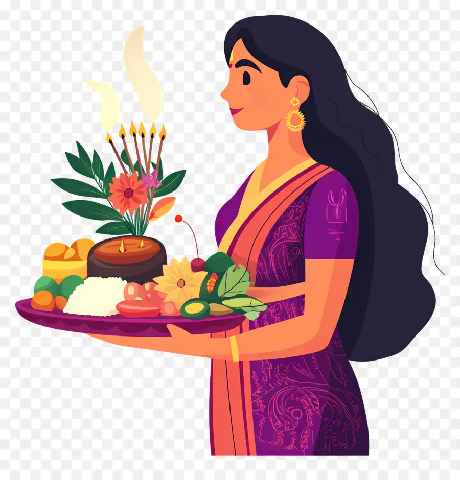 Chhath Puja，Femme Avec Assiette D'offrande PNG