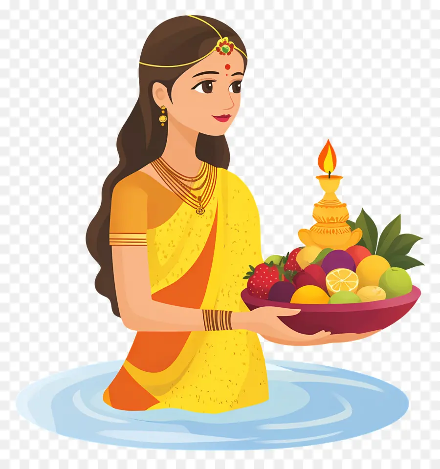 Chhath Puja，Femme Avec Lampe Et Fruits PNG