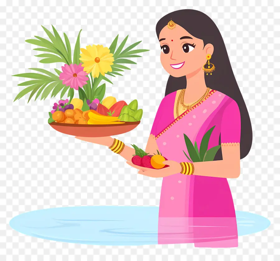 Chhath Puja，Femme Avec Plateau De Fruits PNG