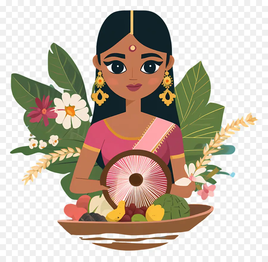 Chhath Puja，Femme Aux Fruits Et Fleurs PNG