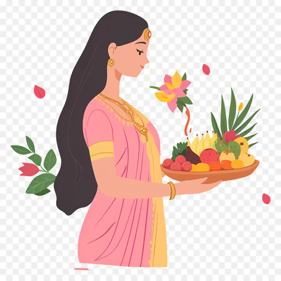 Chhath Puja，Femme Avec Plateau De Fruits PNG