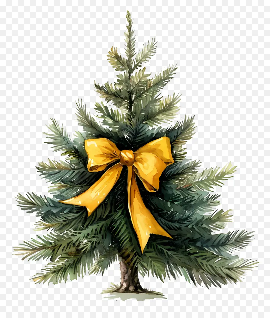 Arbre De Noël Aquarelle，Sapin De Noël Avec Noeud Jaune Et étoile PNG