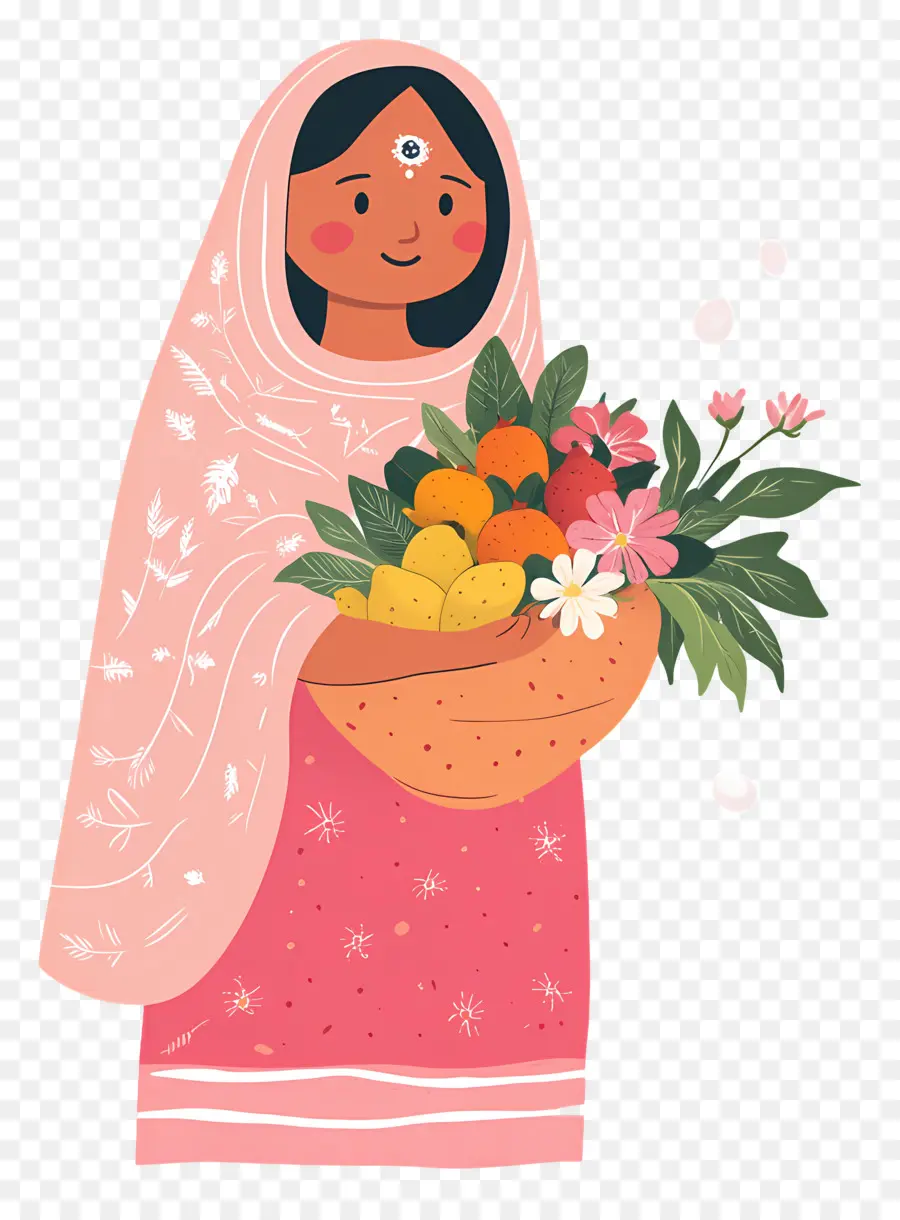 Chhath Puja，Femme Aux Fruits Et Fleurs PNG