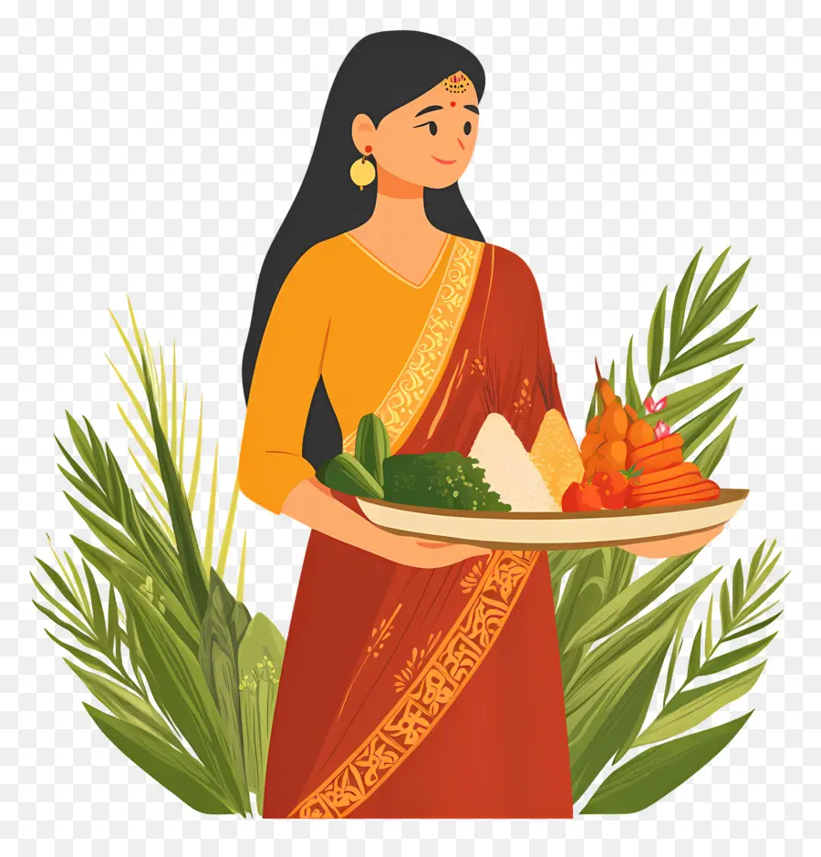 Chhath Puja，Femme Avec Plateau De Nourriture PNG