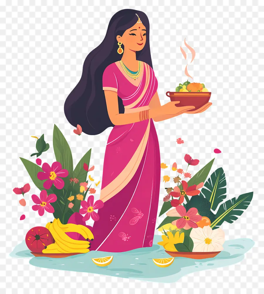 Chhath Puja，Femme Avec De La Nourriture Et Des Fleurs PNG