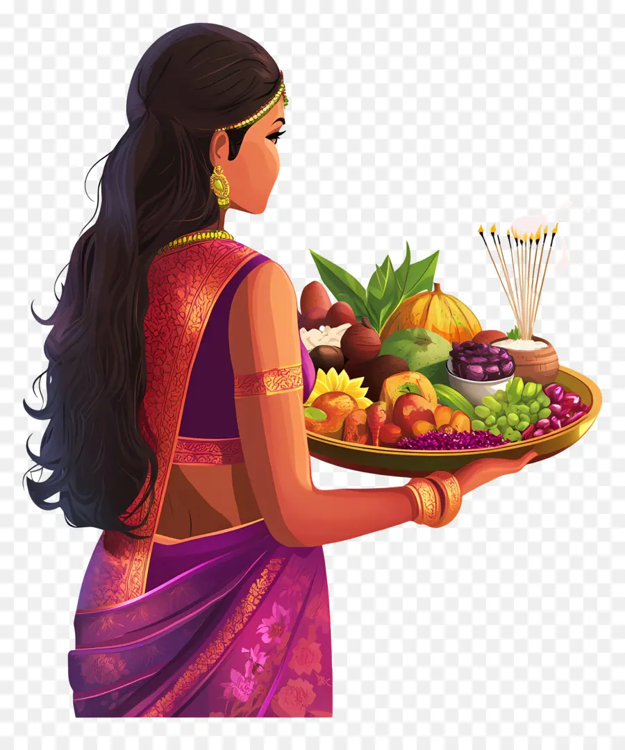 Chhath Puja，Femme Avec Assiette D'offrande PNG