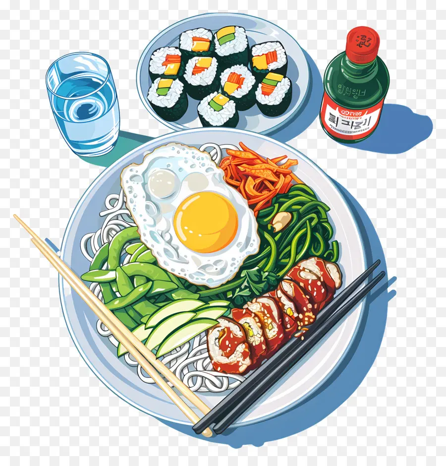 Cuisine Coréenne，Assiette De Nouilles Avec Sushi PNG