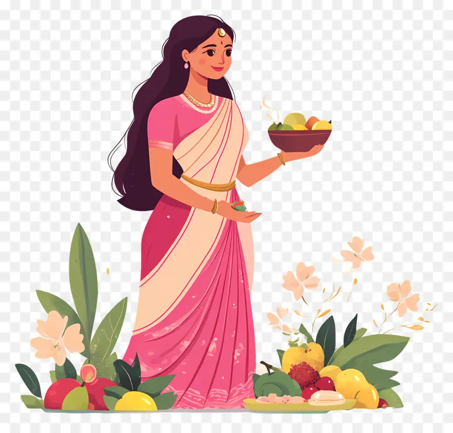 Chhath Puja，Femme Avec Bol De Fruits PNG