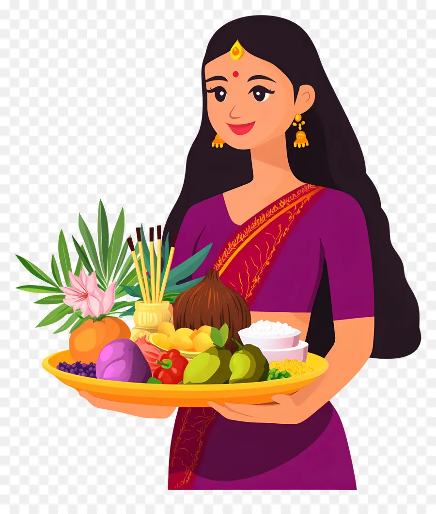 Chhath Puja，Femme Avec Assiette D'offrande PNG