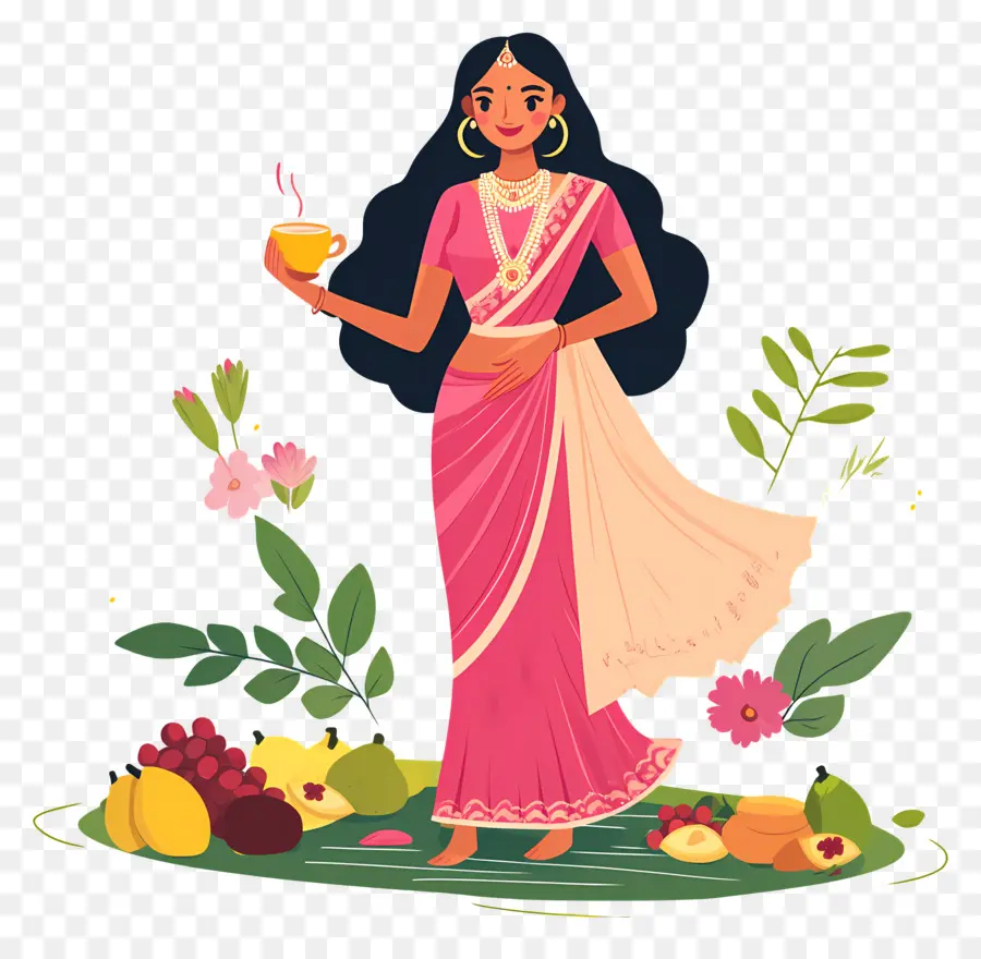 Chhath Puja，Femme Avec Corbeille De Fruits PNG