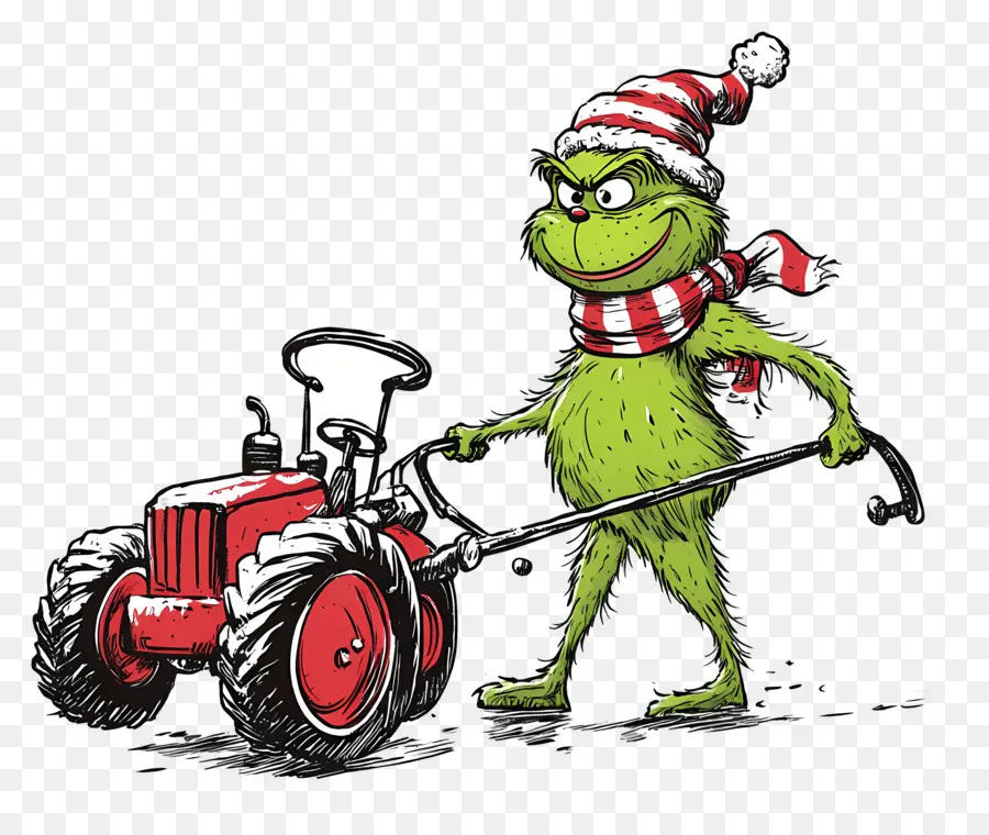 Grinch De Noël，Créature Verte Avec Tracteur Rouge PNG