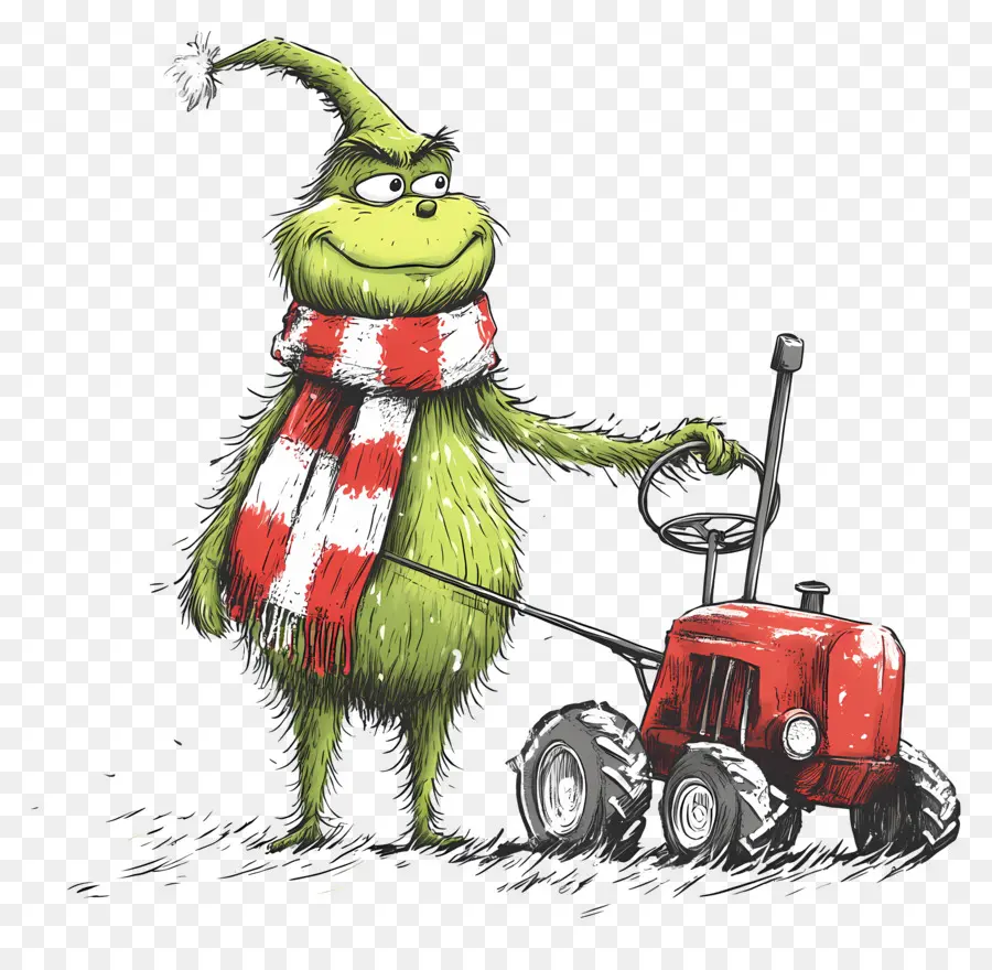 Grinch De Noël，Créature Verte Avec Tracteur Rouge PNG