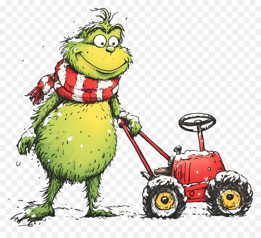 Grinch De Noël，Créature Verte Avec Tracteur Rouge PNG