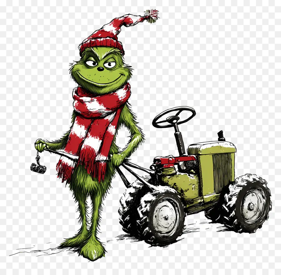 Grinch De Noël，Créature Verte Avec Tracteur Jaune PNG