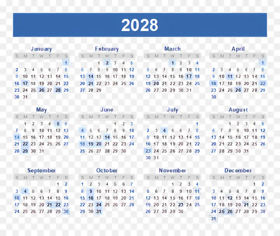 Calendrier 2028，Année PNG