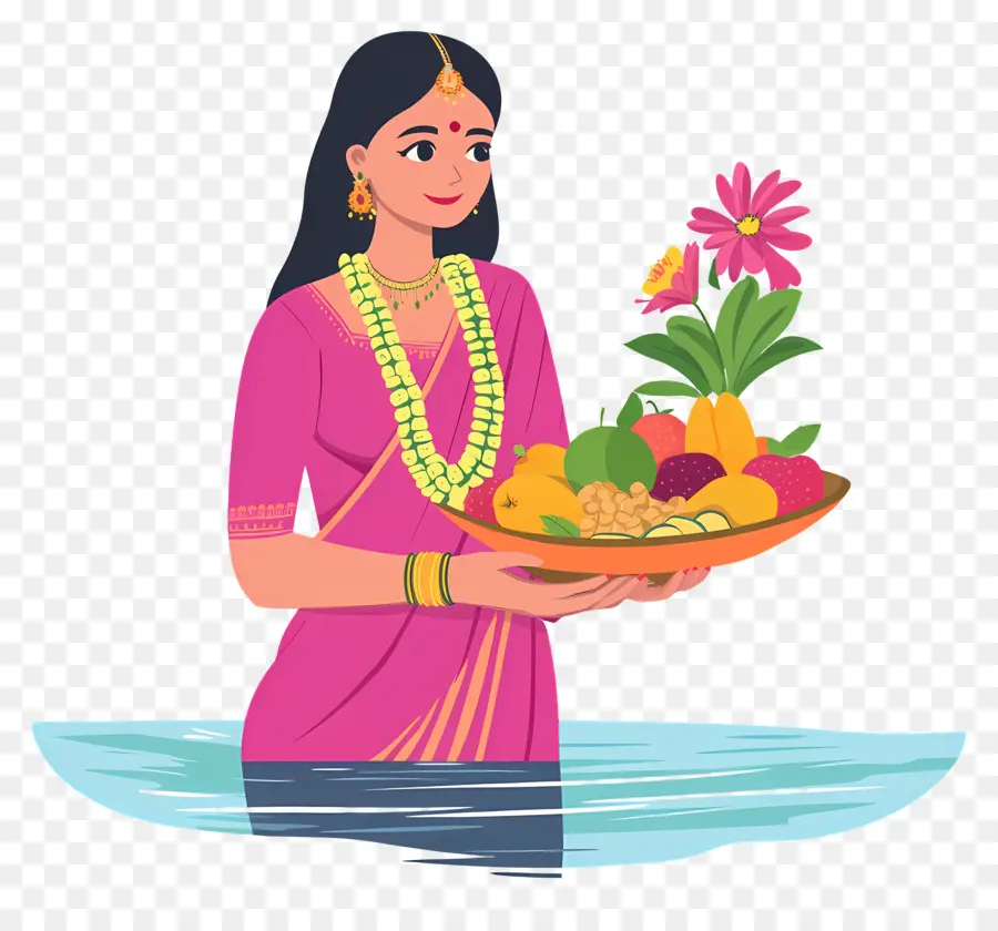 Chhath Puja，Femme En Costume Traditionnel Avec Offrandes PNG