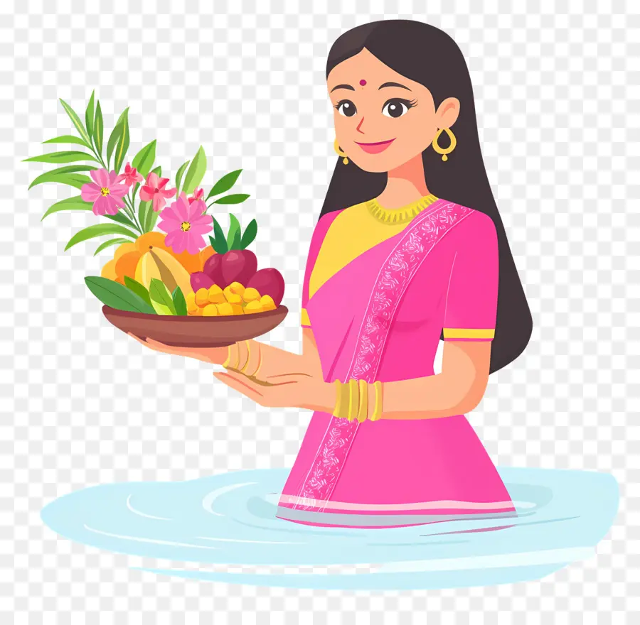 Chhath Puja，Femme En Costume Traditionnel Avec Offrandes PNG