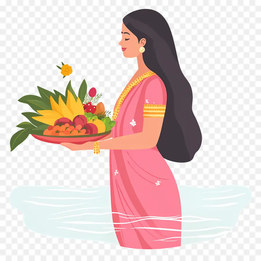 Chhath Puja，Femme En Costume Traditionnel Avec Offrandes PNG