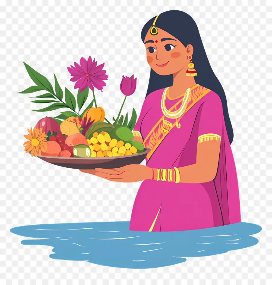 Chhath Puja，Femme Avec Corbeille De Fruits PNG