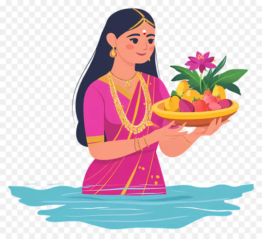 Chhath Puja，Femme Avec Corbeille De Fruits PNG