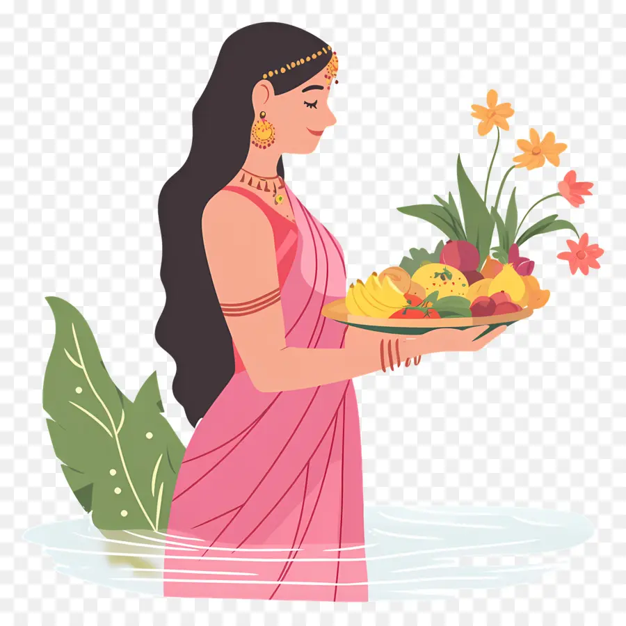 Chhath Puja，Femme En Costume Traditionnel Avec Des Offrandes PNG