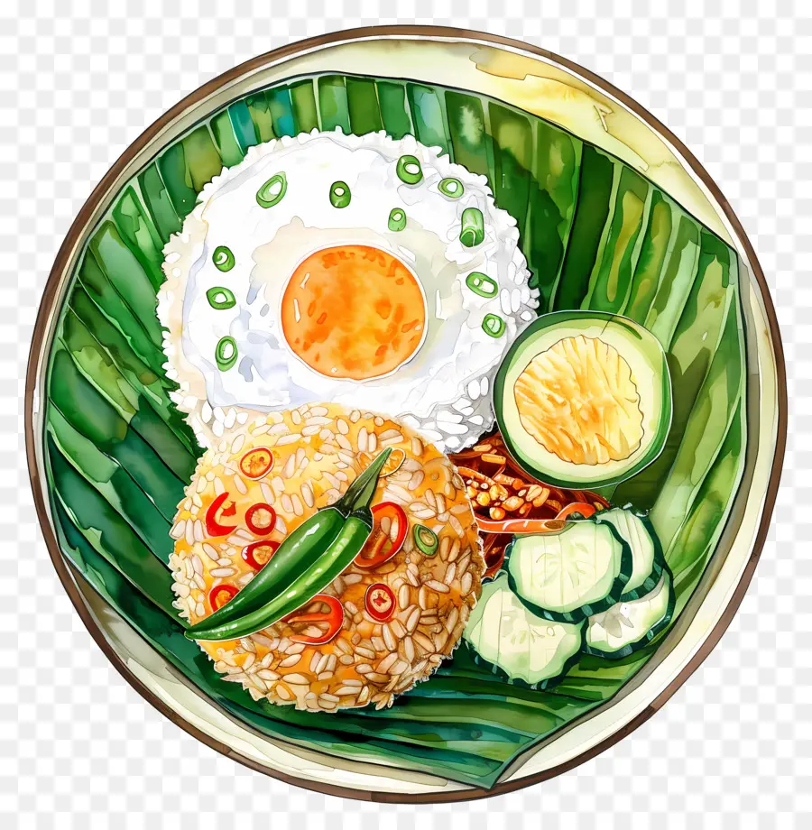 Nasi Goreng，Riz Et Oeuf Sur Feuille De Bananier PNG