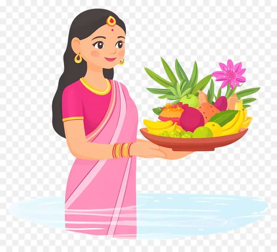 Chhath Puja，Femme En Costume Traditionnel Avec Offrandes PNG