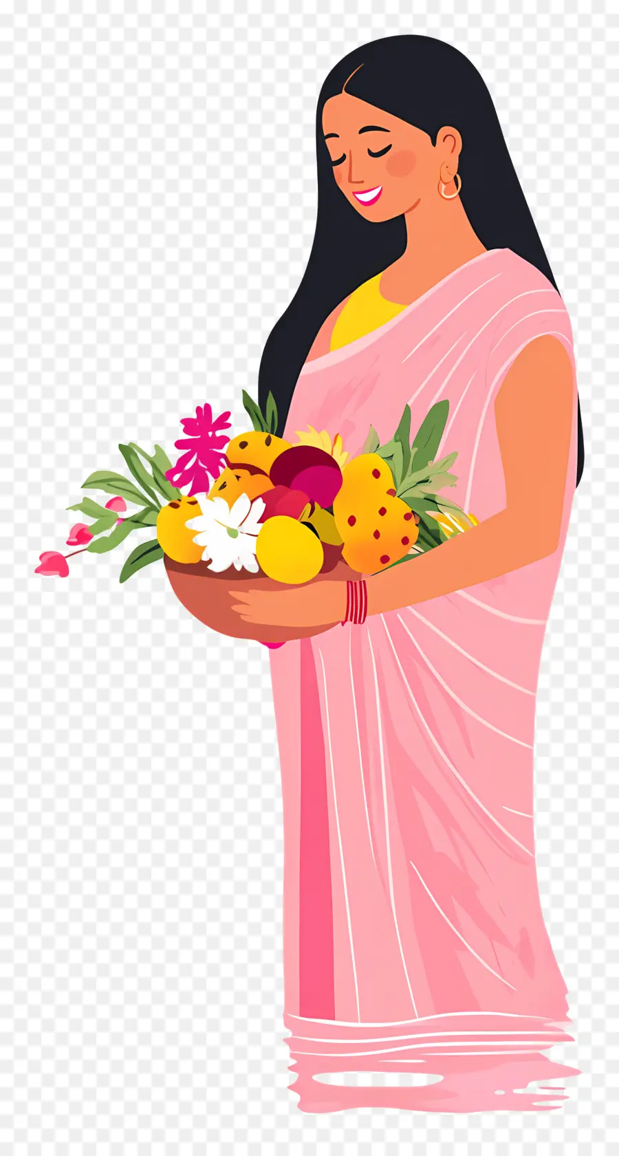 Chhath Puja，Femme Avec Corbeille De Fruits PNG