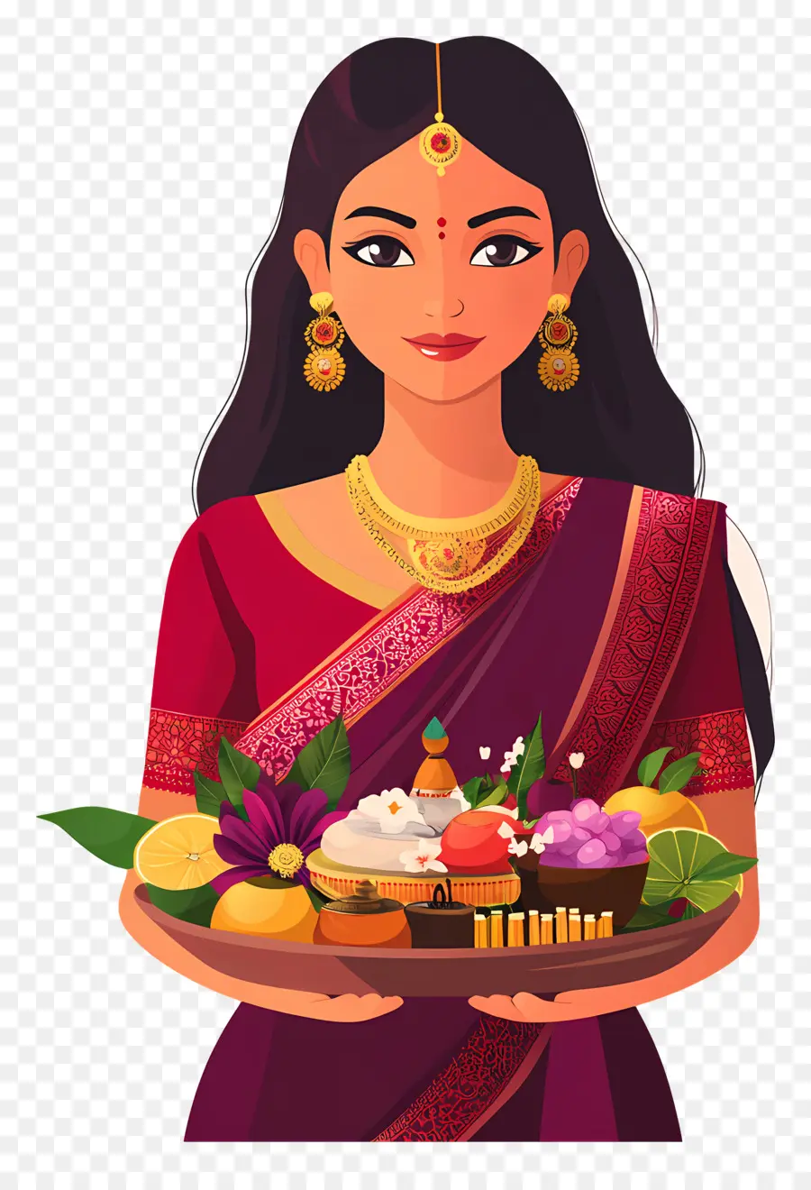 Chhath Puja，Femme Avec Corbeille De Fruits PNG