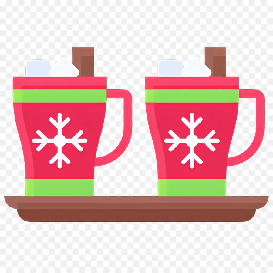 Chocolat Chaud De Noël，Deux Tasses Rouges Avec Des Flocons De Neige PNG